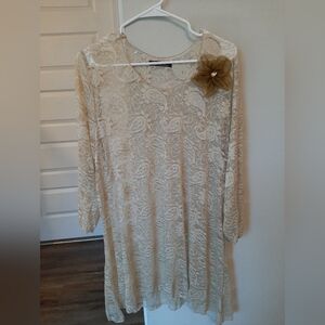 Surrealist Elegant Cream Lace Top with Floral Accent  Size Large